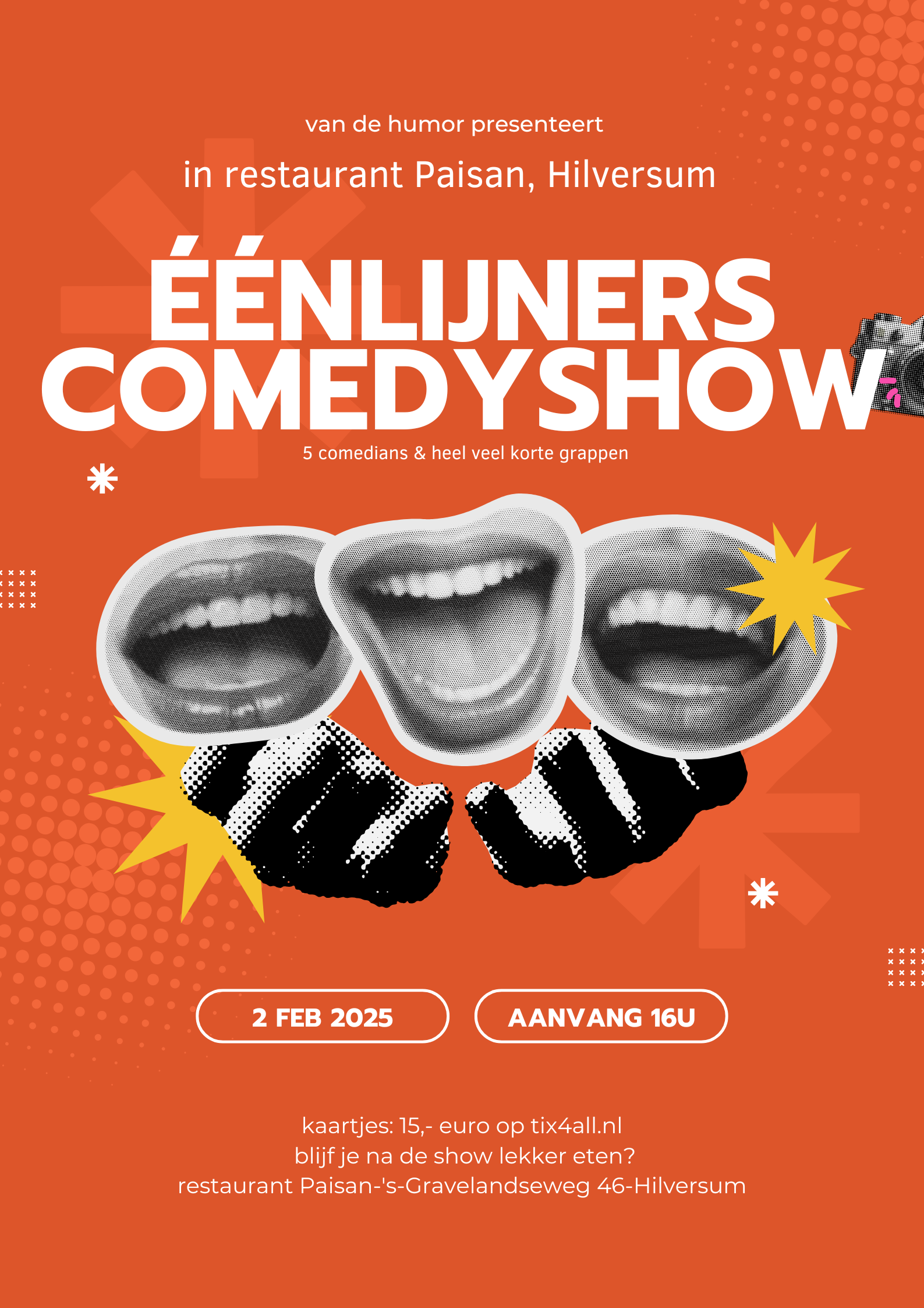 Ticket kopen voor evenement Eenlijners Comedyshow in Restaurant Paisan Hilversum