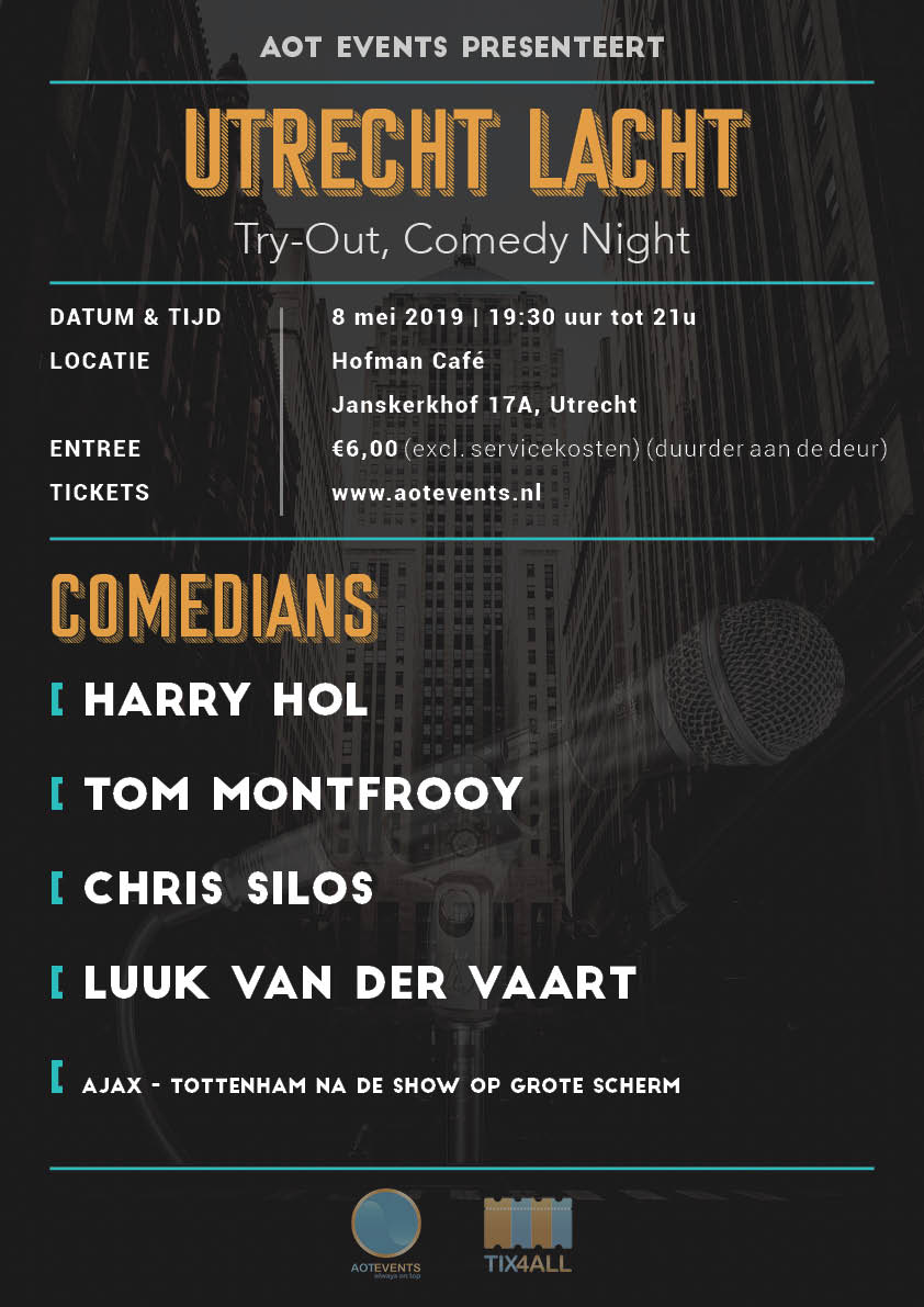 Ticket kopen voor evenement Utrecht Lacht: Try-out comedy night (incl live ajax vs tottenham)